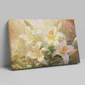 Framed canvas print of serene white lilies with a warm colour palette and lush greenery