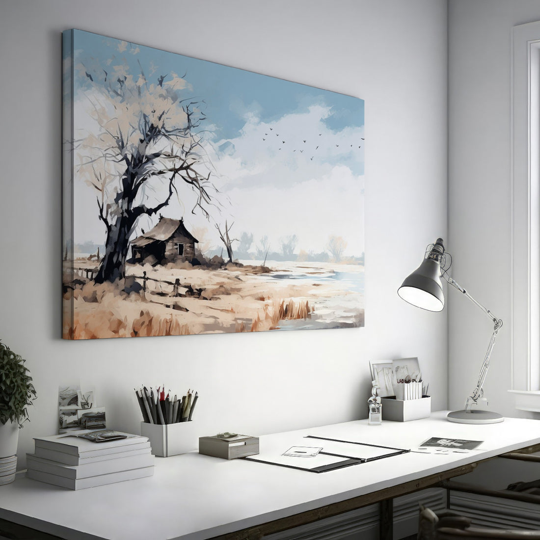Impressionistic canvas art of a rustic cabin beneath barren trees, in autumnal beige and brown tones with soft blue sky.