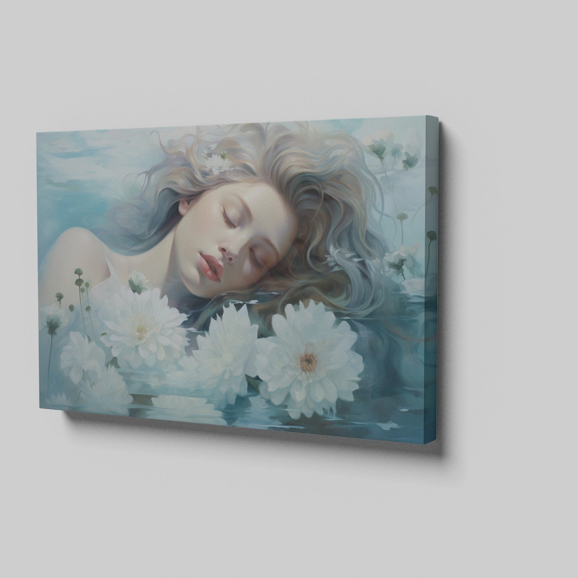 Framed canvas print of a dreamy, ethereal portrait with flowers and water reflections