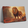 Framed canvas print of a majestic lion in golden autumn forest