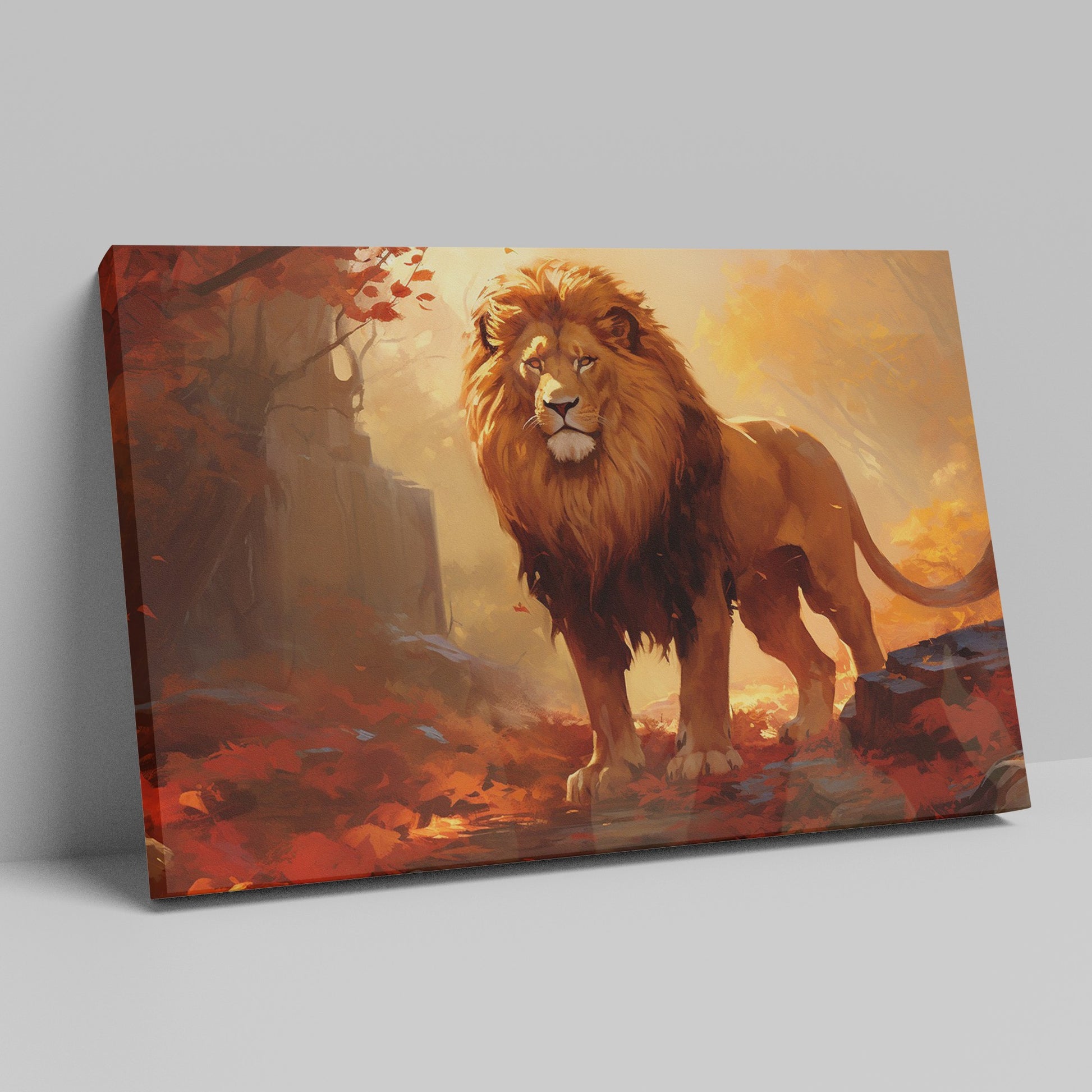 Framed canvas print of a majestic lion in golden autumn forest