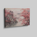 Framed canvas print of Oriental landscape with cherry blossoms and misty mountains