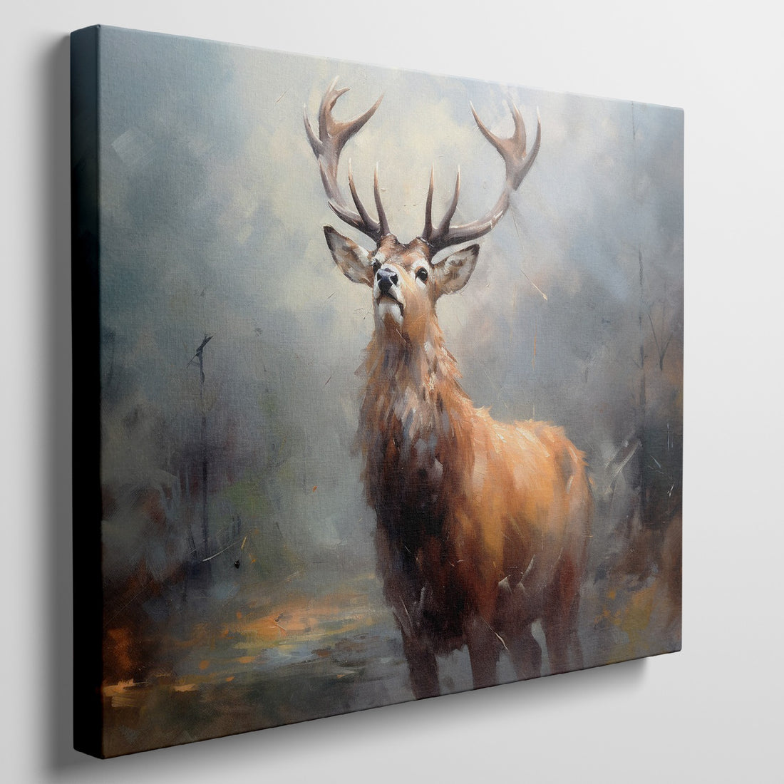 Framed canvas print of an impressionistic painting of a noble stag in earthy and warm tones