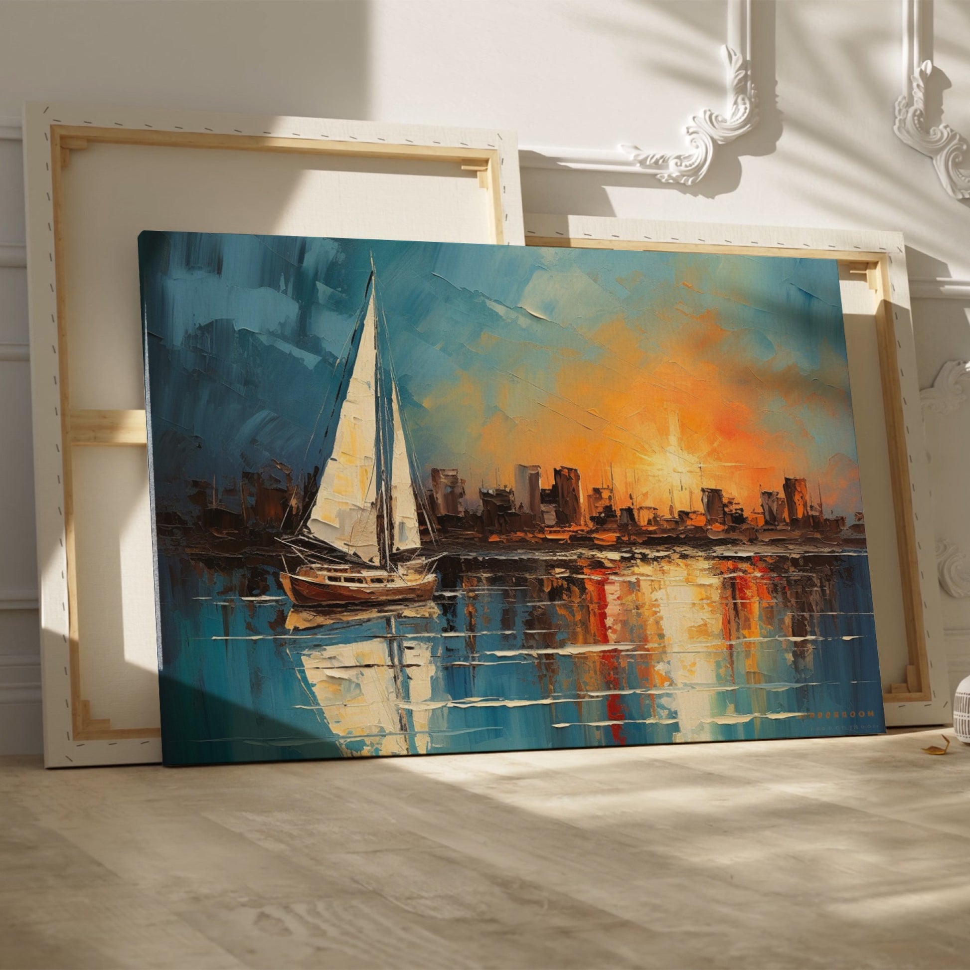 Framed canvas print of an impressionist painting with a sailboat against a sunset cityscape reflecting on the water