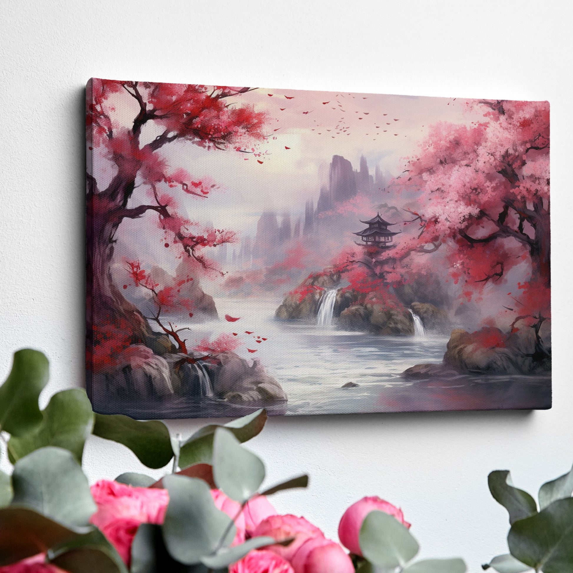 Framed canvas print of a serene oriental landscape with cherry blossoms and a pagoda