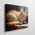 Framed canvas print of a realistic sleeping tabby cat in warm, sunlit tones