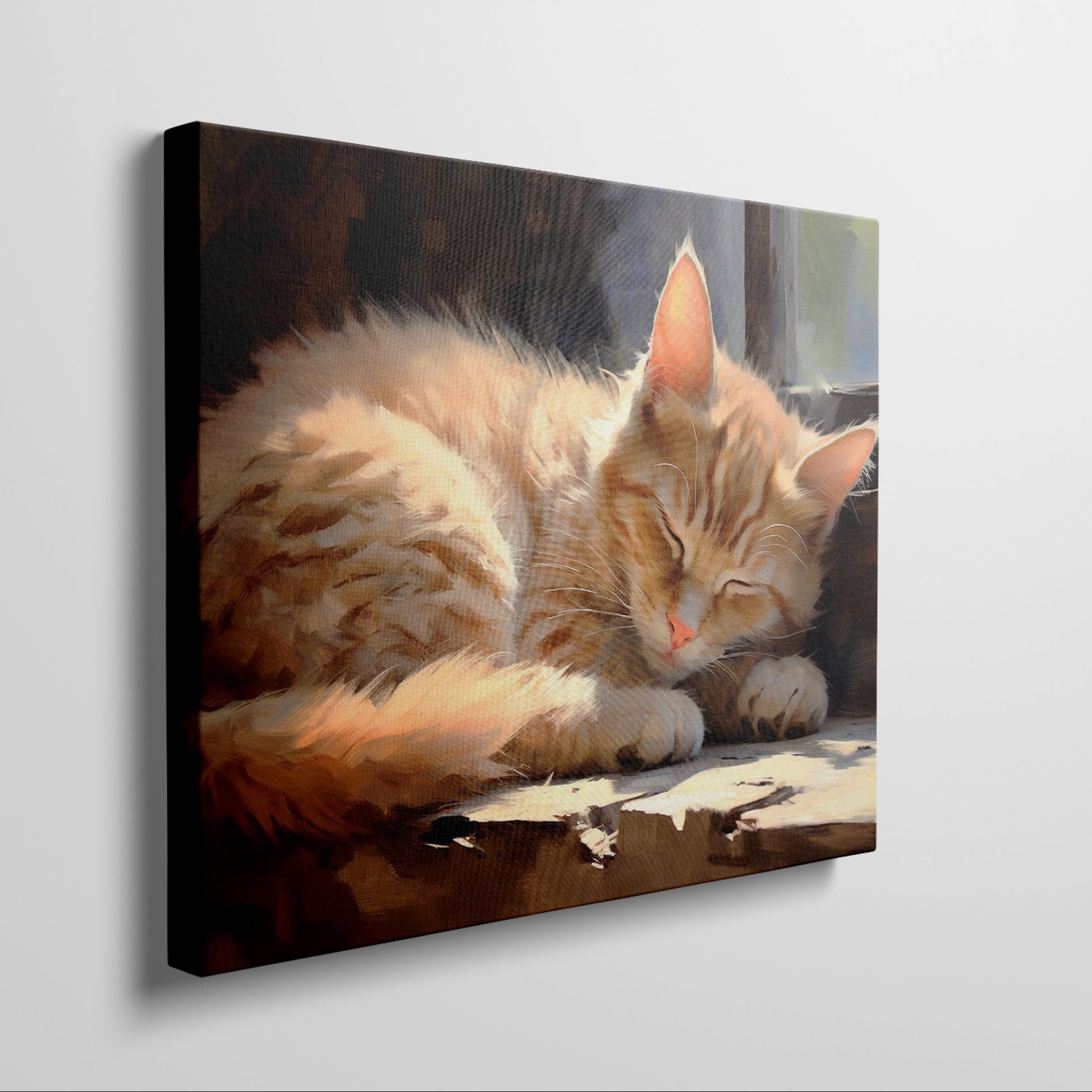 Framed canvas print of a realistic sleeping tabby cat in warm, sunlit tones