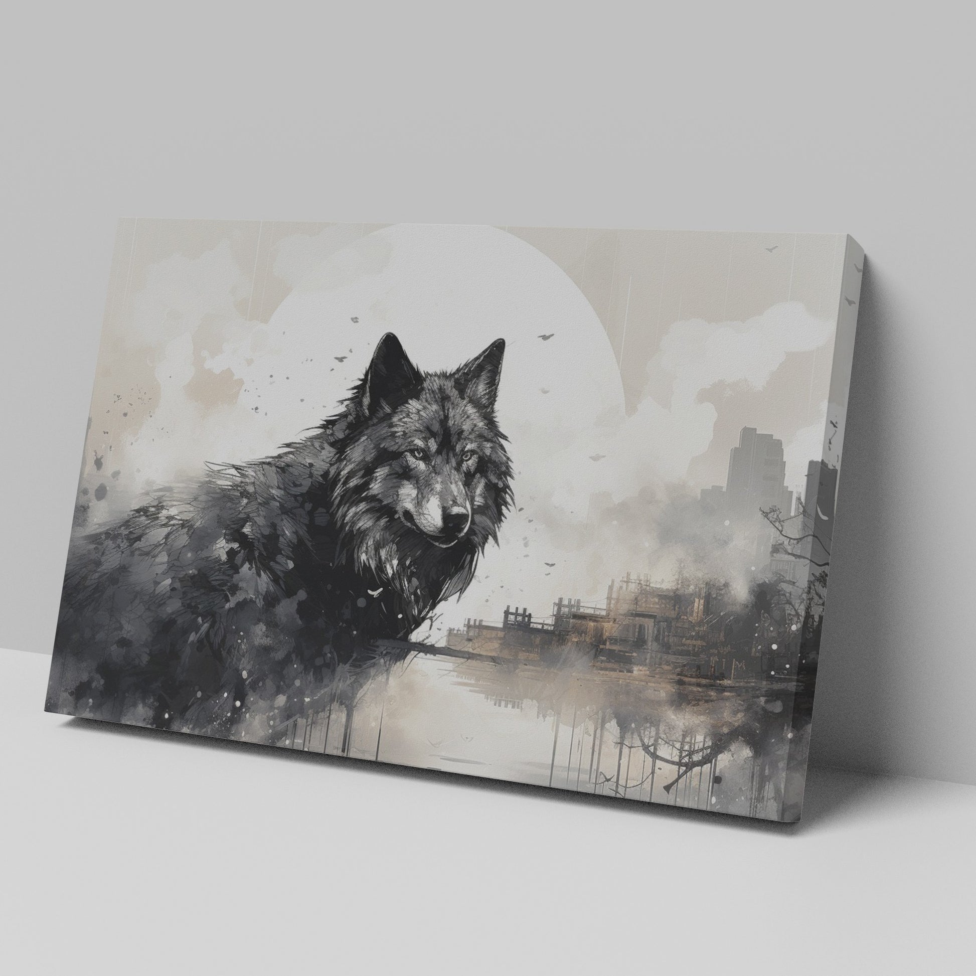 Framed canvas print of a black and white wolf against a monochrome cityscape with a full moon