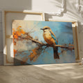 Framed canvas print of a vibrant impressionistic bird perched on a branch with abstract autumn background