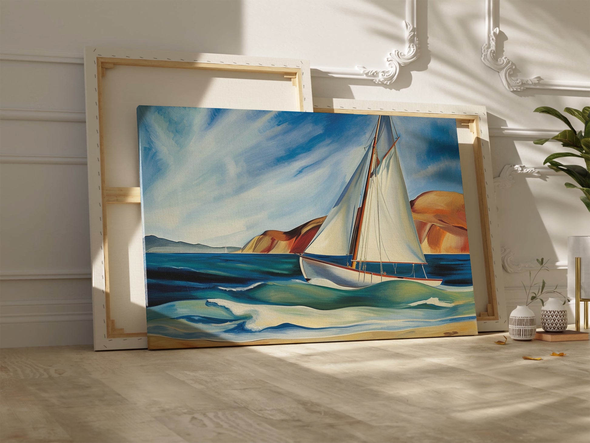 Framed canvas print of a vibrant sailboat sailing near a coastline with blue skies