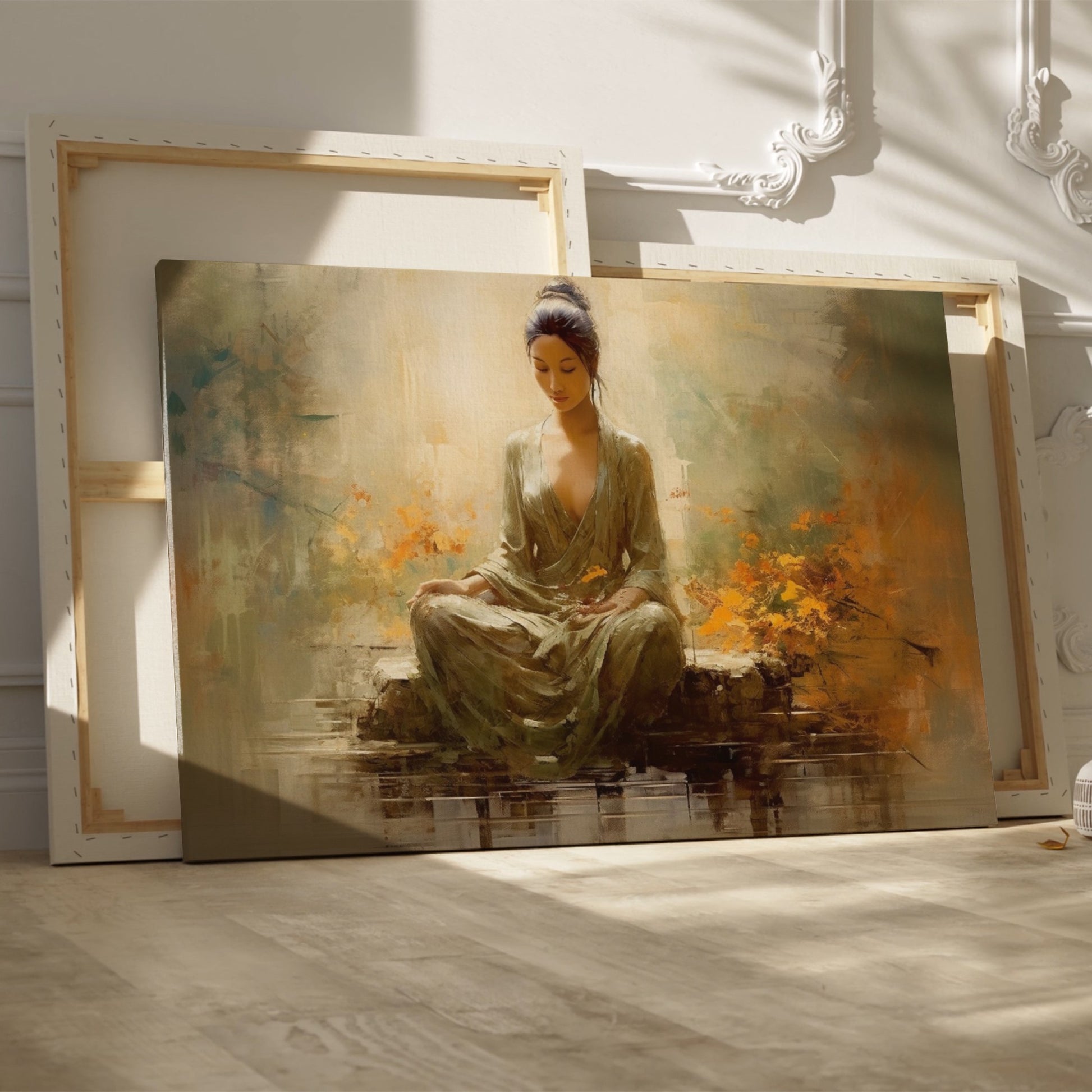 Framed canvas print of a meditative woman in peaceful surroundings with warm, autumnal colors