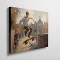 Framed canvas print of an impressionist urban scene with a skateboarder performing a trick in sunlight