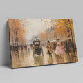 Framed canvas print of a Victorian-era Parisian boulevard in autumn with elegantly dressed figures and a horse-drawn carriage