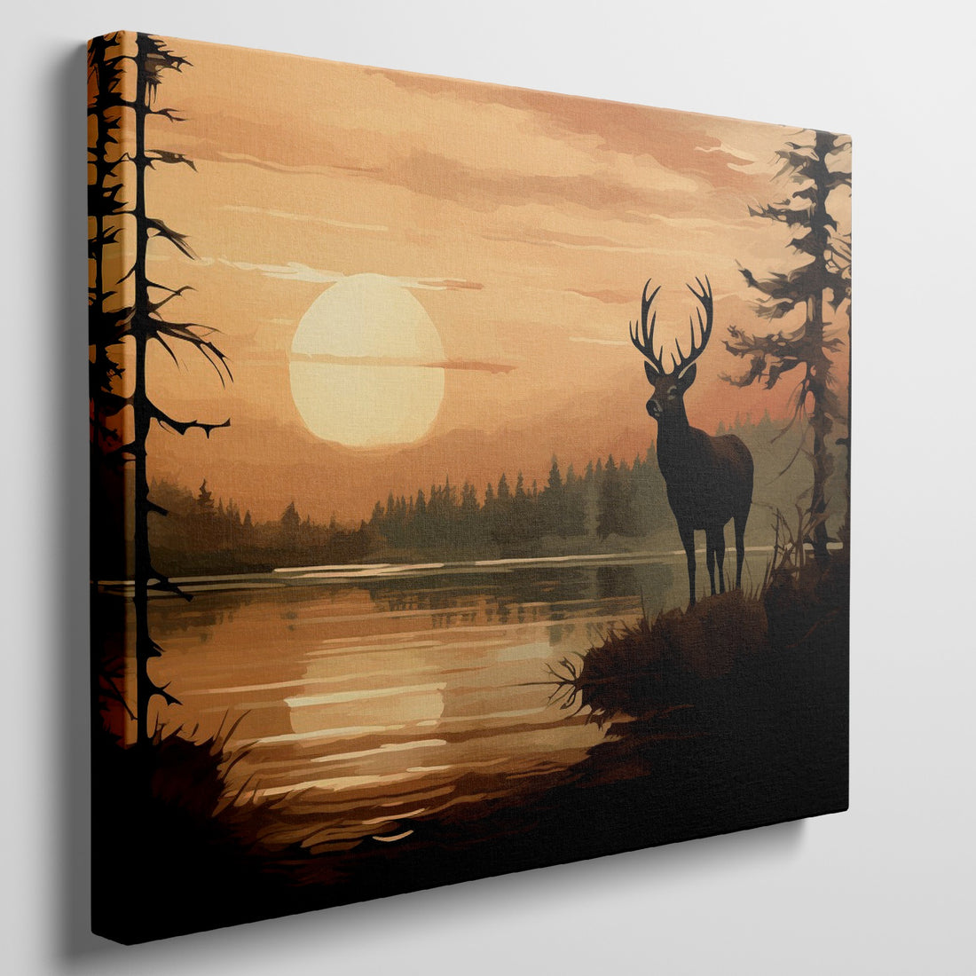 Digital art of a stag against an orange sunset backdrop with a reflective lake and surrounding forest