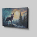 Framed canvas print of a wolf howling at sunset among forest trees