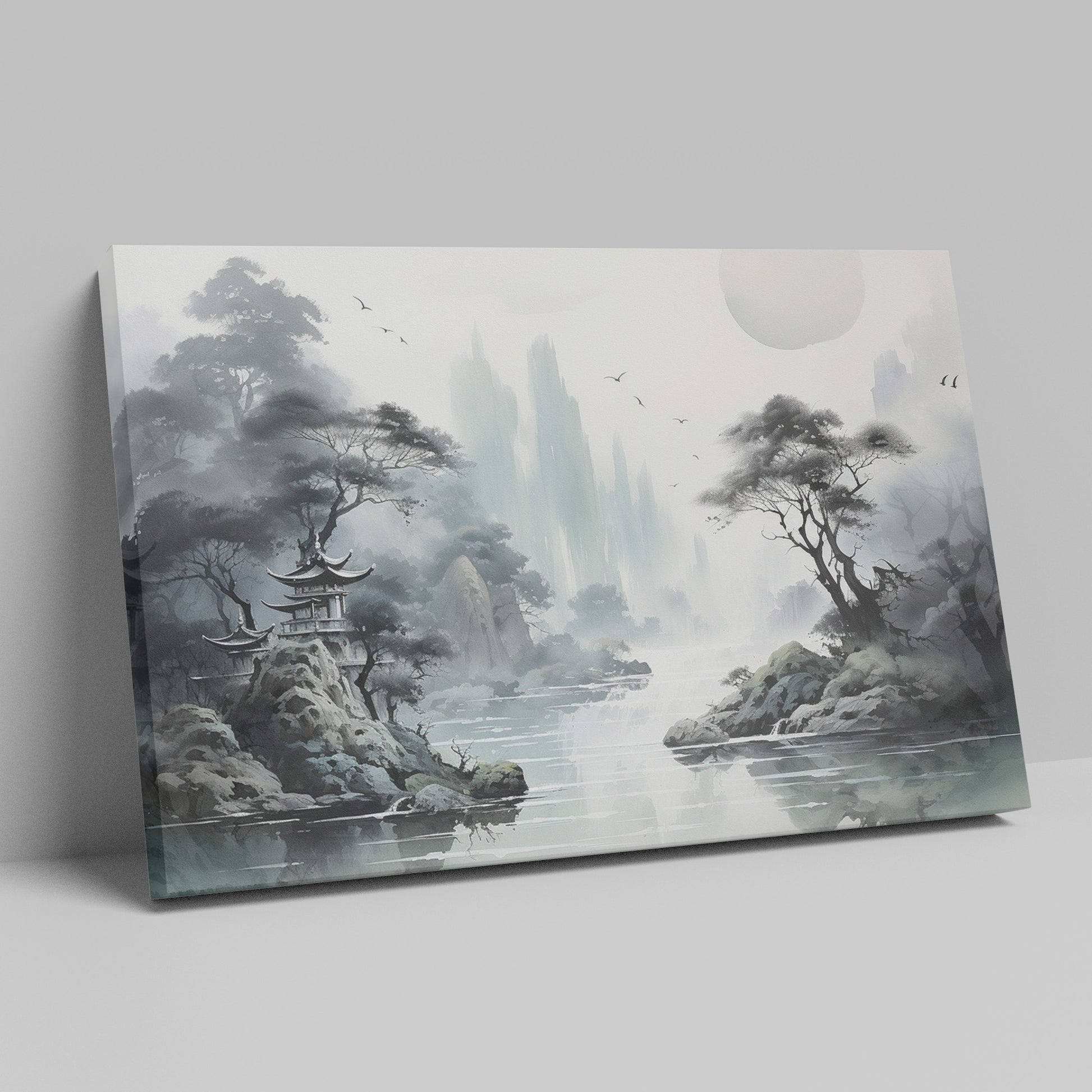 Framed canvas print of Oriental ink wash painting with misty mountains and pagoda