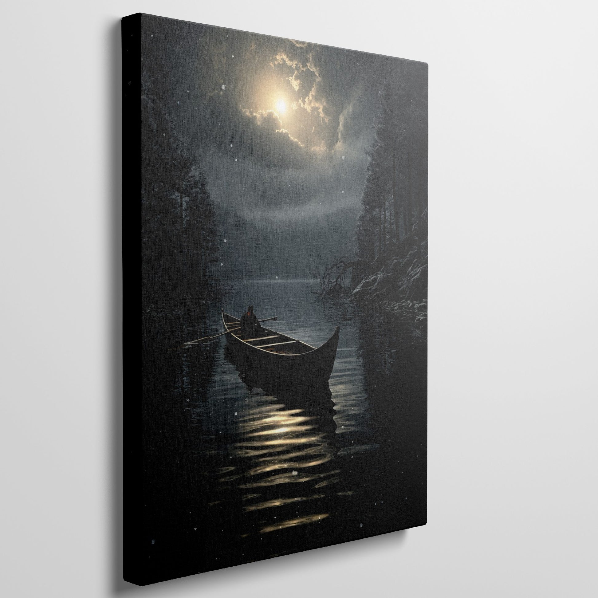 Framed canvas print of a serene moonlit scene with a person canoeing on a calm lake surrounded by forest