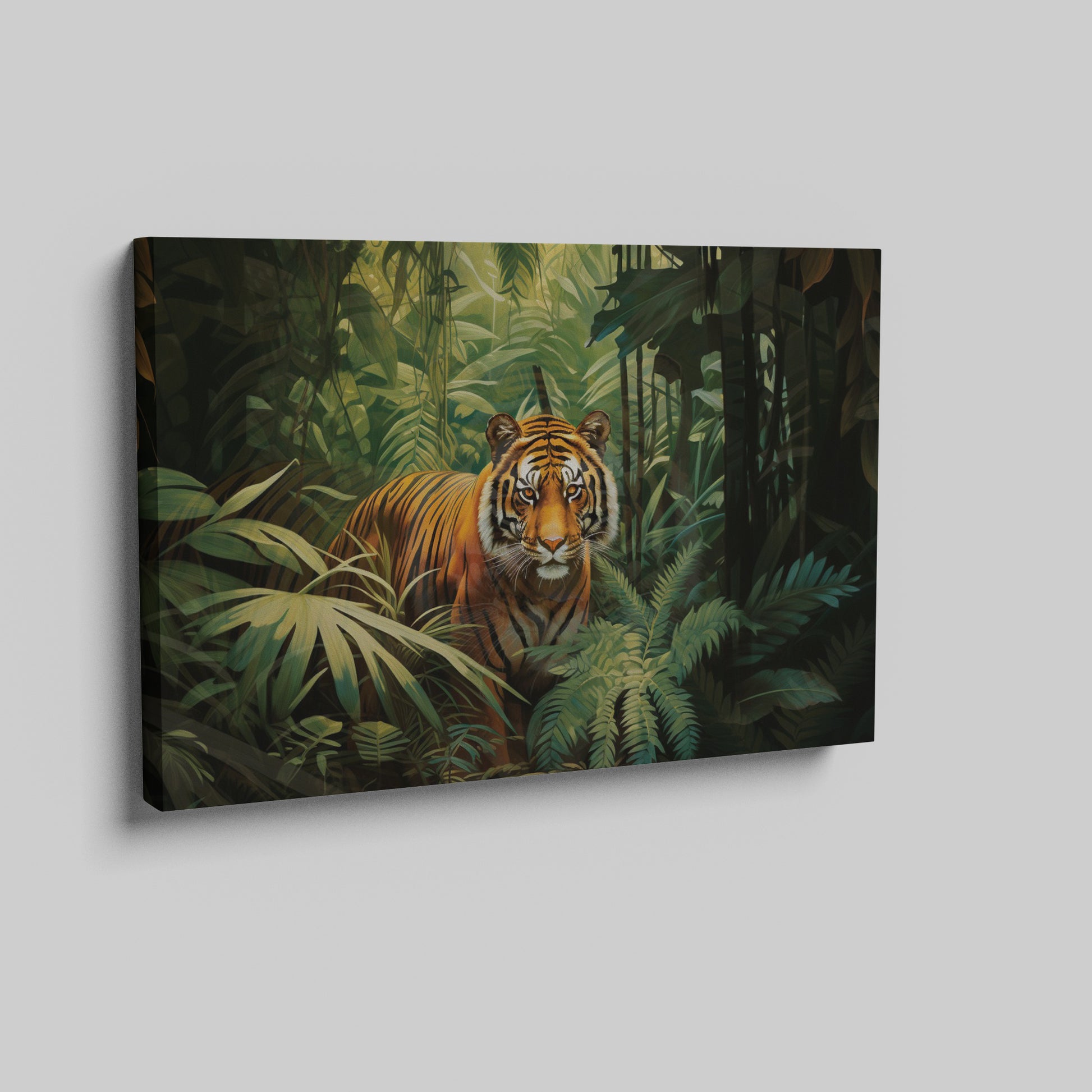 Framed canvas print of a majestic tiger amidst vibrant green tropical foliage