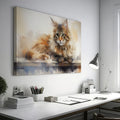 Framed canvas print of a long-haired cat with a watercolor effect in warm tones