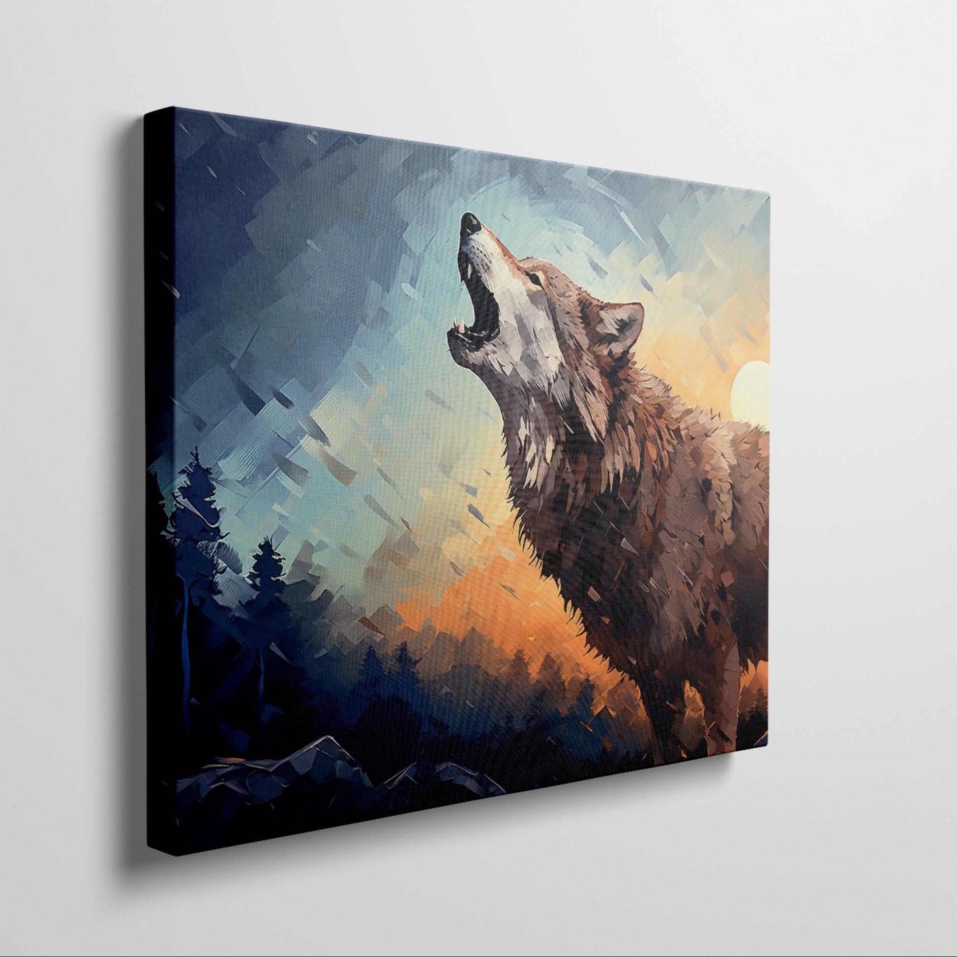 Framed canvas print of stylised howling wolf at sunset with forest backdrop