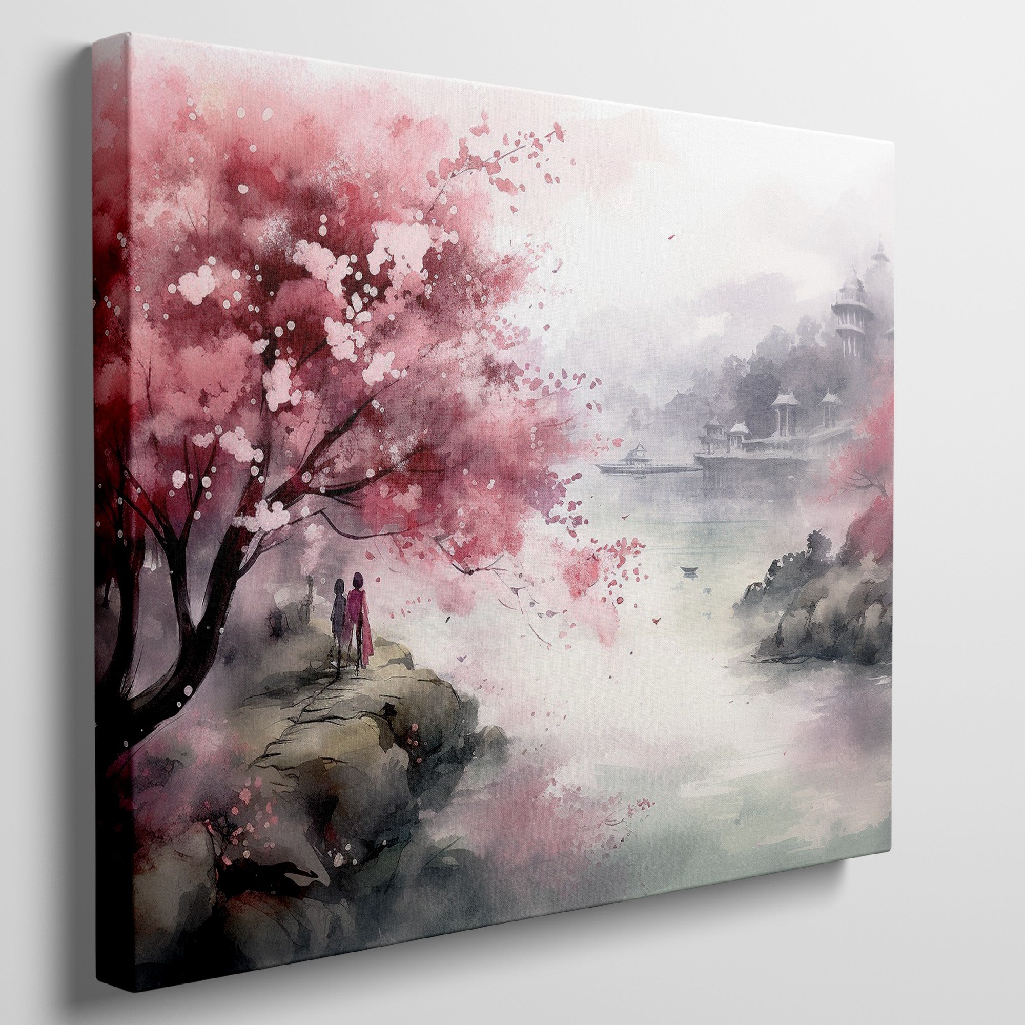 Framed canvas print of a watercolour cherry blossom landscape with figures and traditional architecture