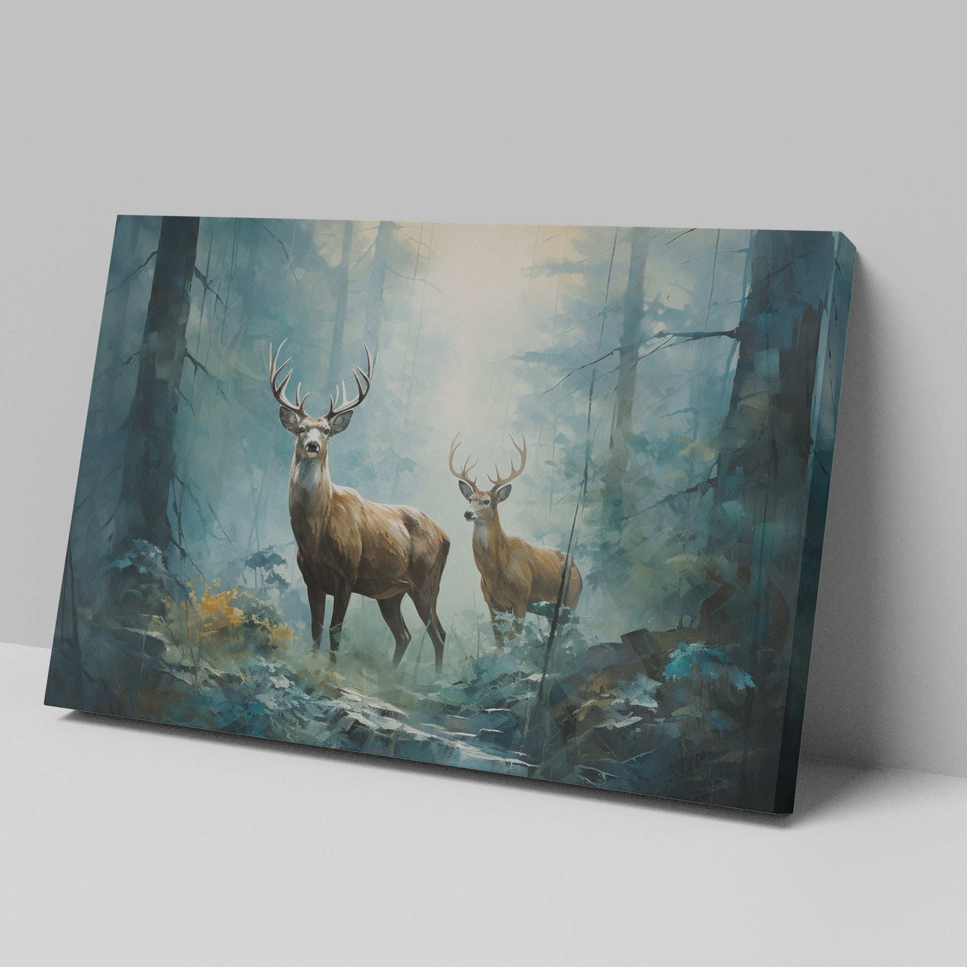 Framed canvas print of two stags in a sunlit, enchanted forest