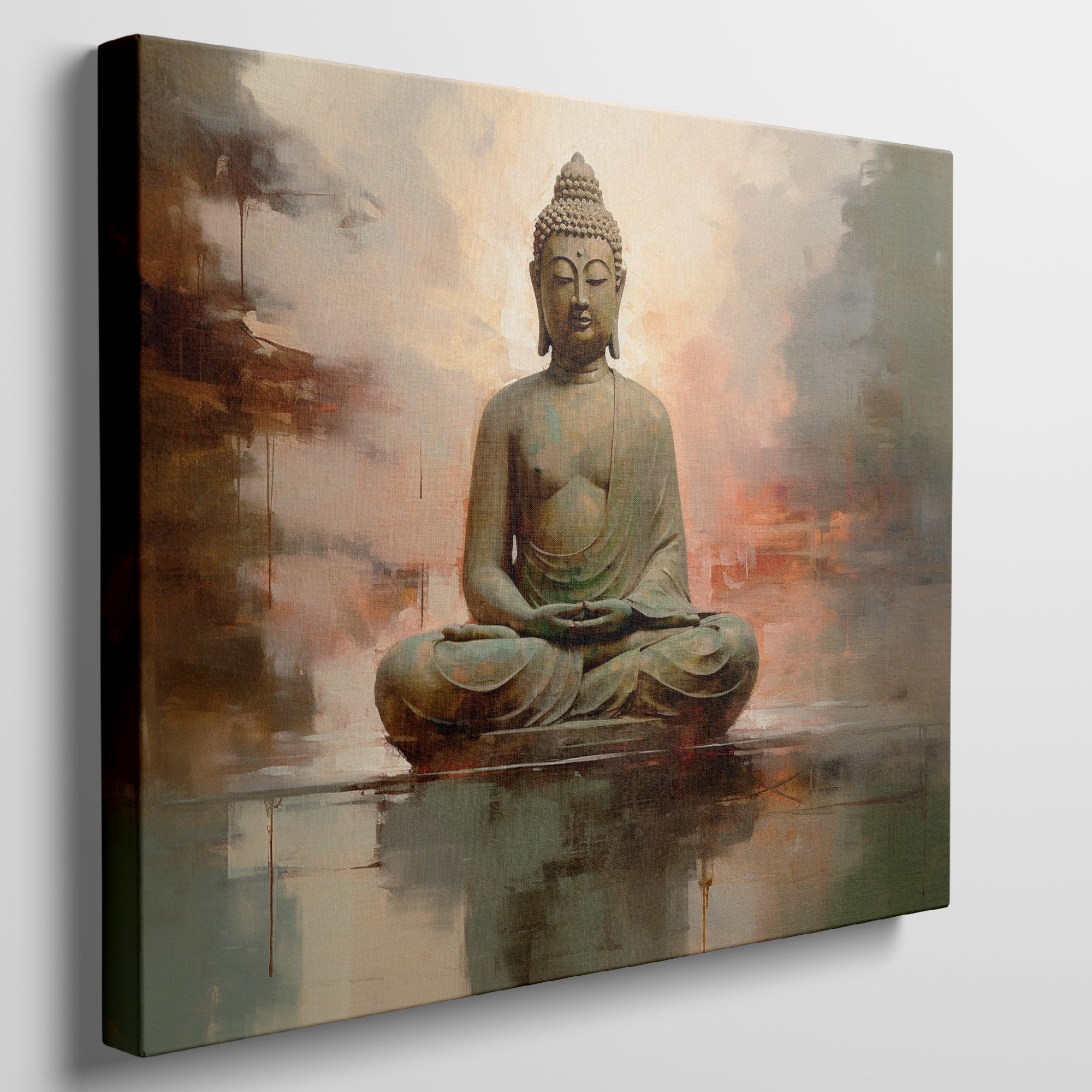 Framed canvas print of a serene Buddha in meditation with abstract background