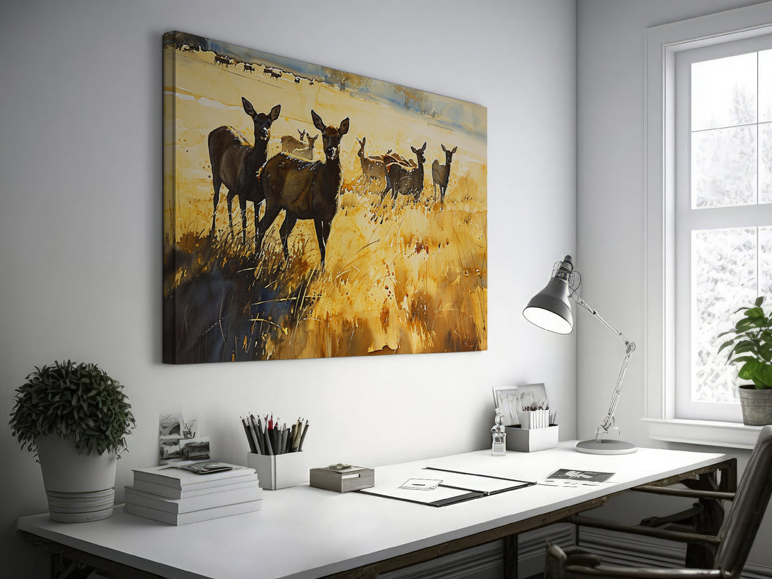 Framed canvas print of a deer herd in a golden autumn landscape with splattered paint effect.