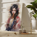 Framed canvas print of abstract female portrait with vibrant colours and watercolor style