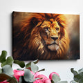 Framed canvas print of a resplendent lion with a fiery mane in earthy tones