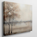 Framed canvas print of misty autumnal river scene with leafless trees and bird in flight