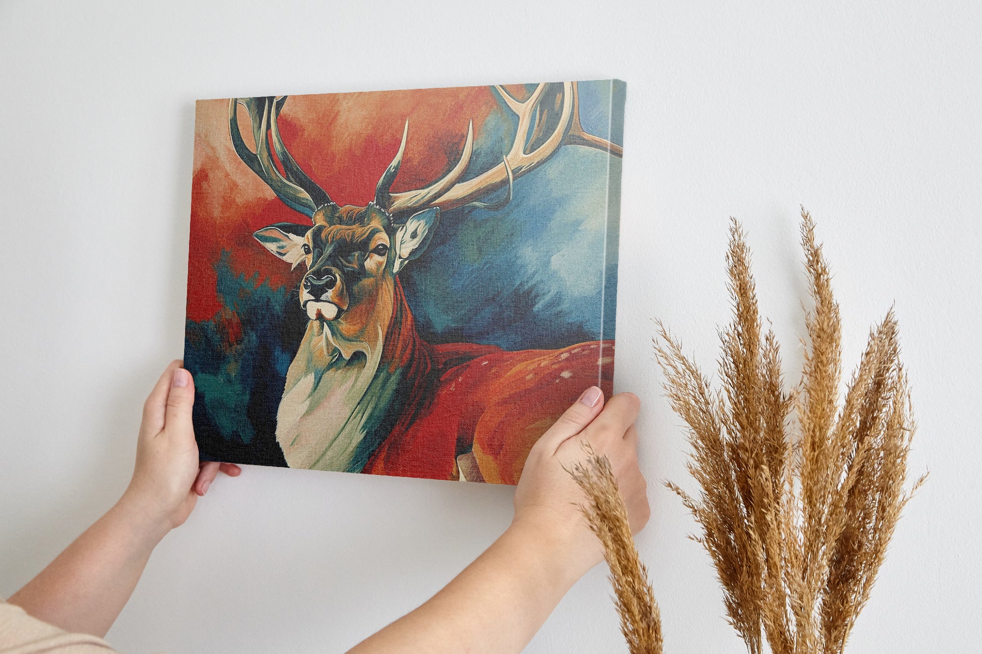 Framed canvas print of a vibrant, expressive deer with bold red and blue colours