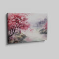 Framed canvas print of a watercolour cherry blossom landscape with figures and traditional architecture