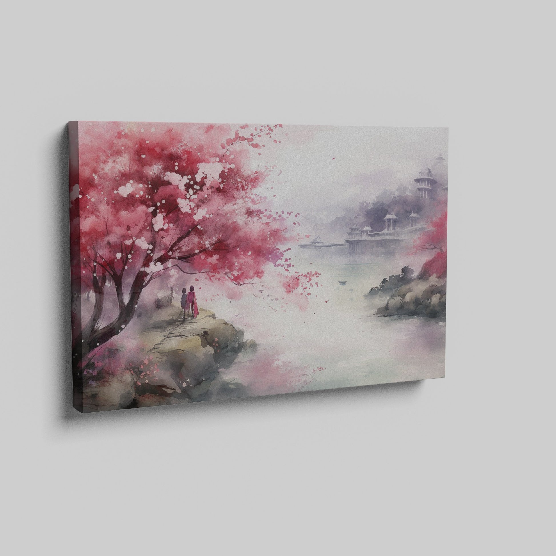 Framed canvas print of a watercolour cherry blossom landscape with figures and traditional architecture