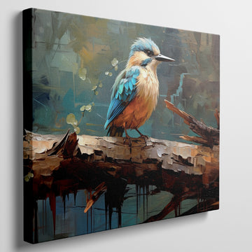 Framed canvas print of a vibrant kingfisher with abstract brushwork and warm colour palette