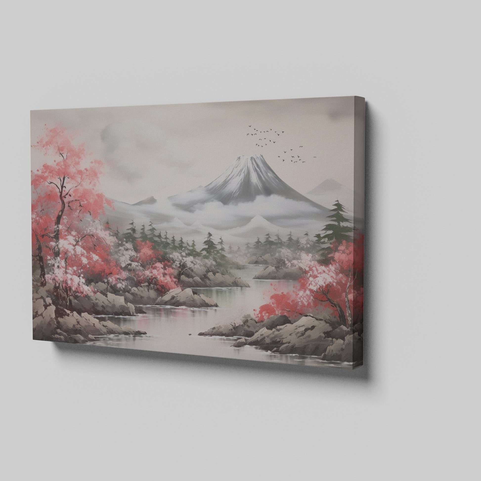 Framed canvas print of a serene landscape with cherry blossoms and a mountain