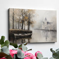 Framed canvas print of a historic chateau reflected on a lake with autumn trees and a rowboat in a misty scene