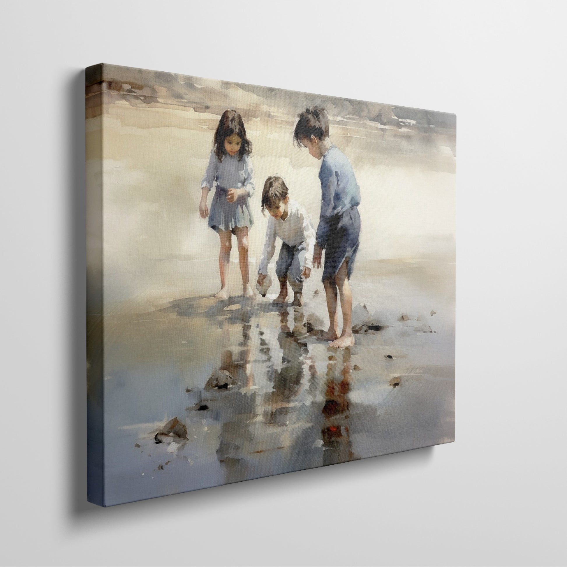 Framed canvas print of children playing by the seashore with a watercolor effect