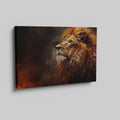 Framed canvas print of a realistic lion portrait with fiery mane