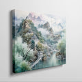 Framed canvas print of a tranquil Chinese landscape with misty mountains and historical architecture