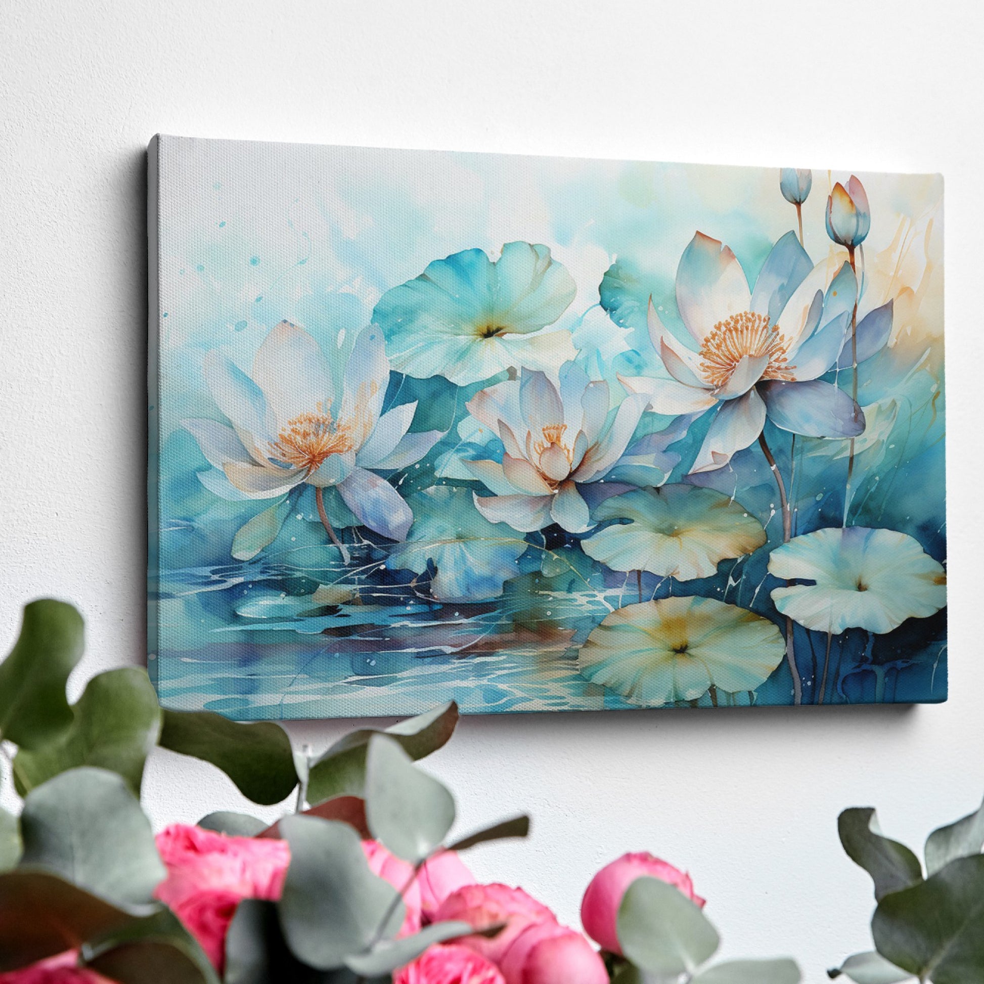 Framed canvas print of tranquil watercolor lotus pond with delicate blues and teals