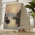 Framed canvas print of serene harbour with sunset, reflective water and sailing boats