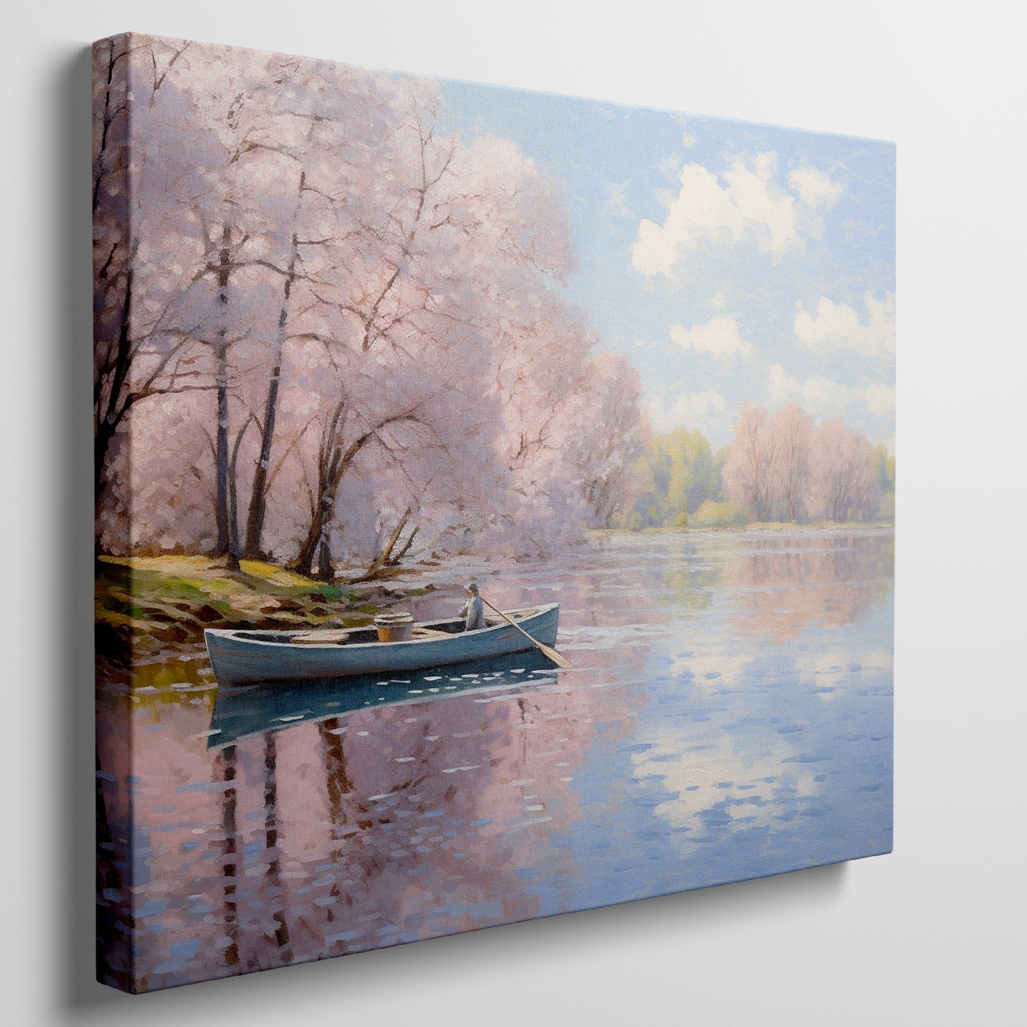 Framed canvas print of a serene river scene with cherry blossoms and a small boat