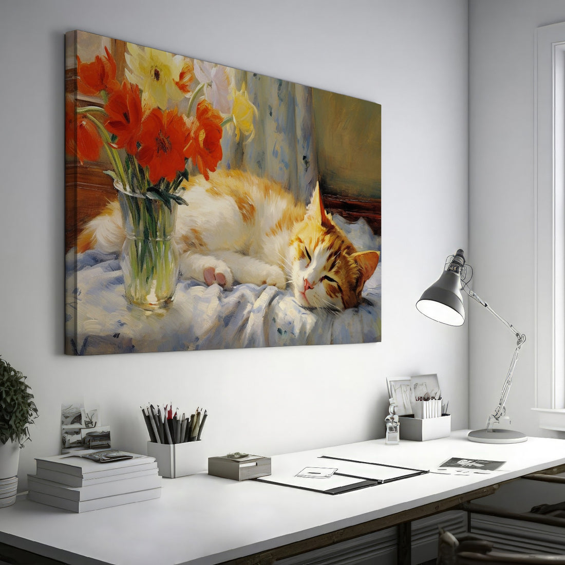 Framed canvas print of a ginger cat sleeping beside vibrant red tulips and yellow daffodils