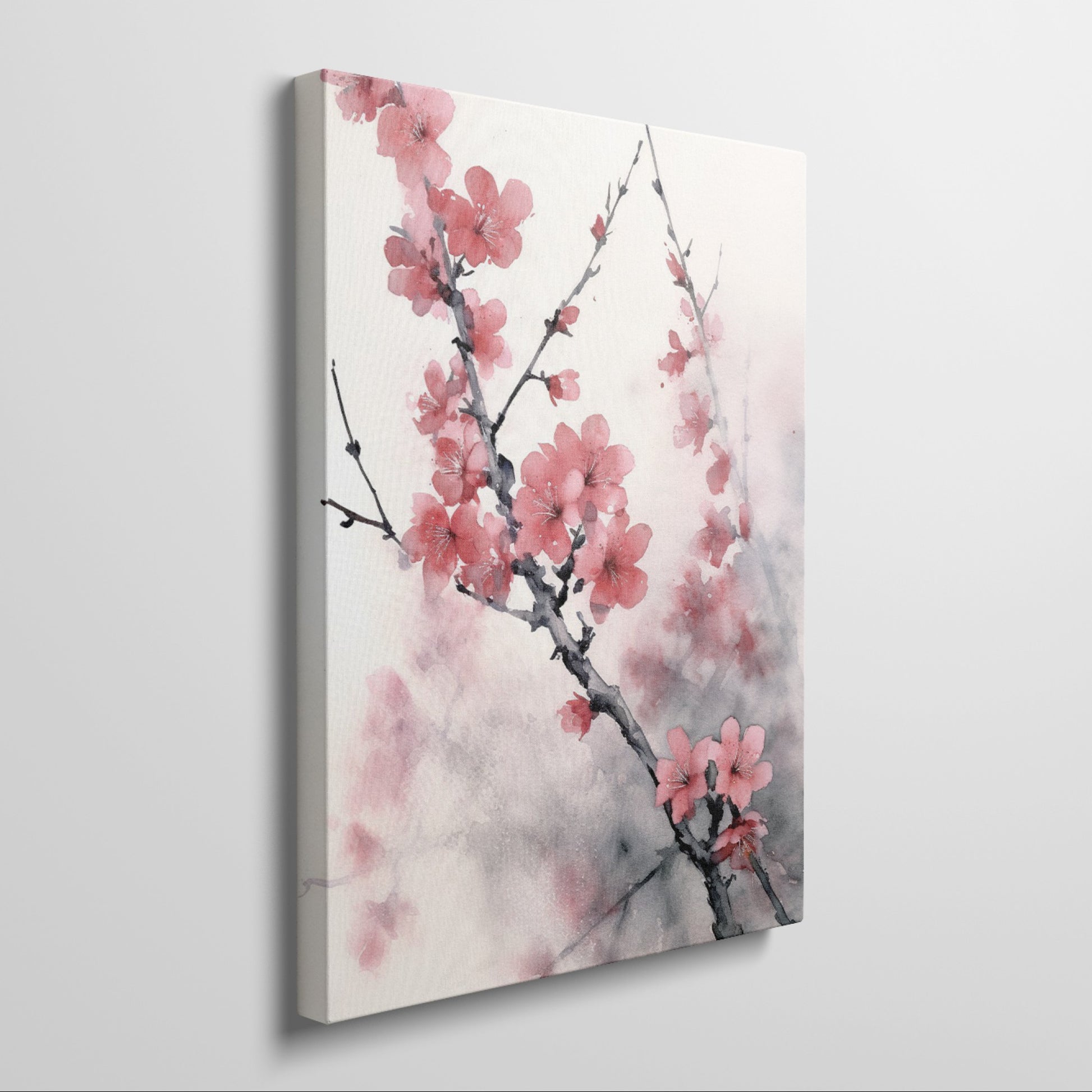 Framed canvas print of watercolour cherry blossoms with delicate pink petals and oriental art influence