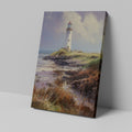 Framed canvas print of a tranquil coastal scene with a lighthouse on a sunny day