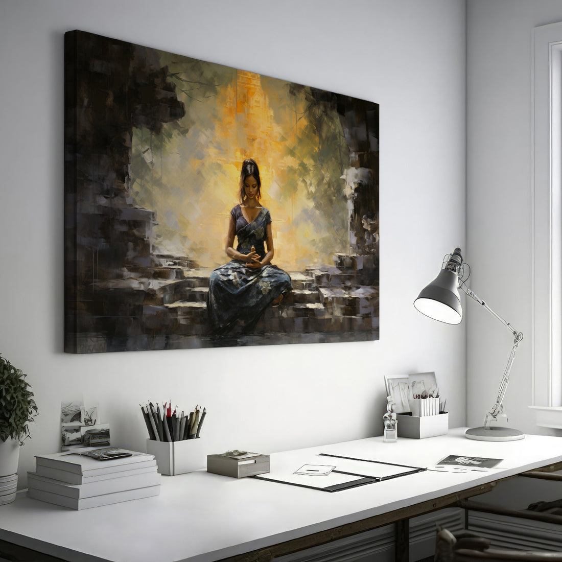 Framed canvas print of a meditative woman at an ancient temple with warm golden hues