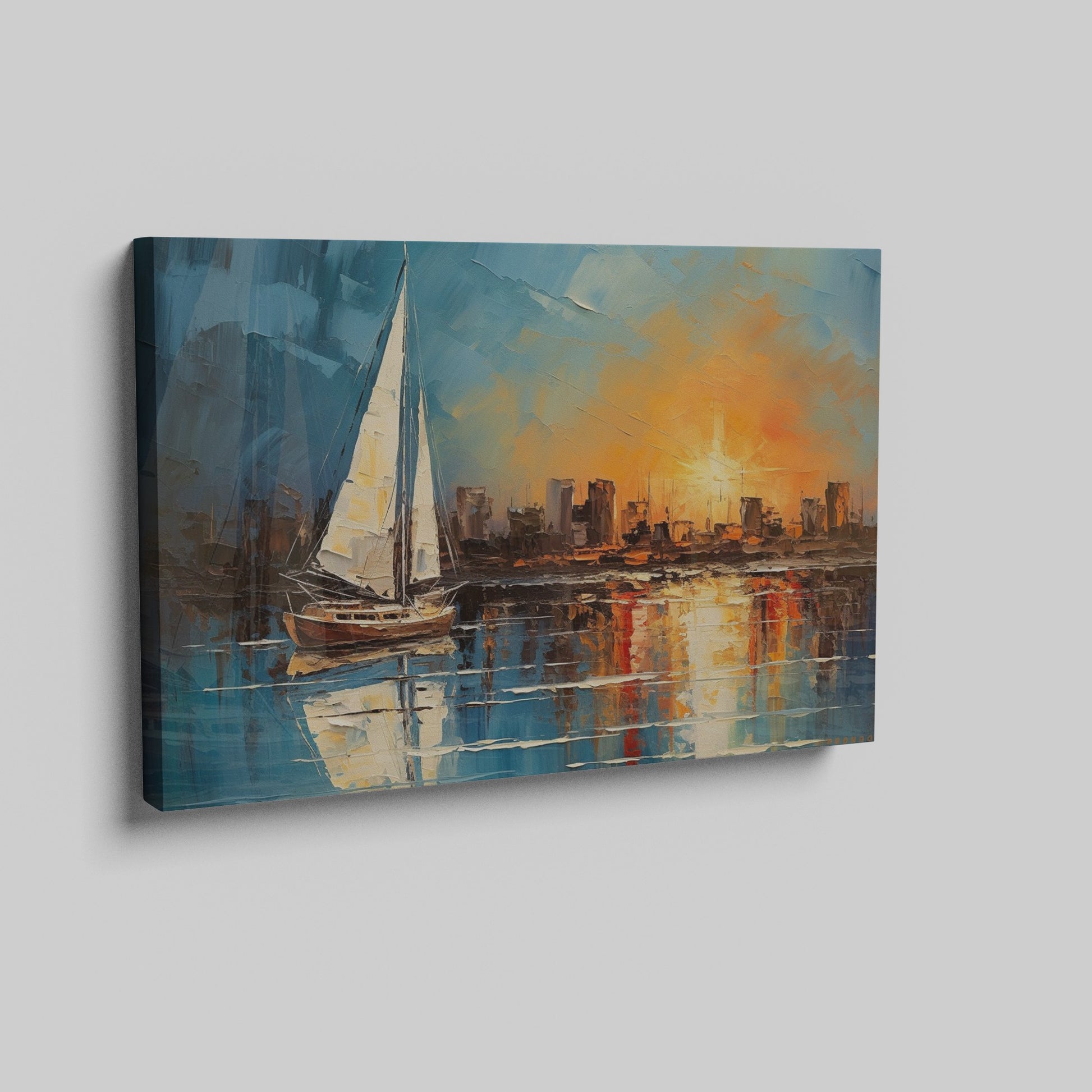 Framed canvas print of an impressionist painting with a sailboat against a sunset cityscape reflecting on the water