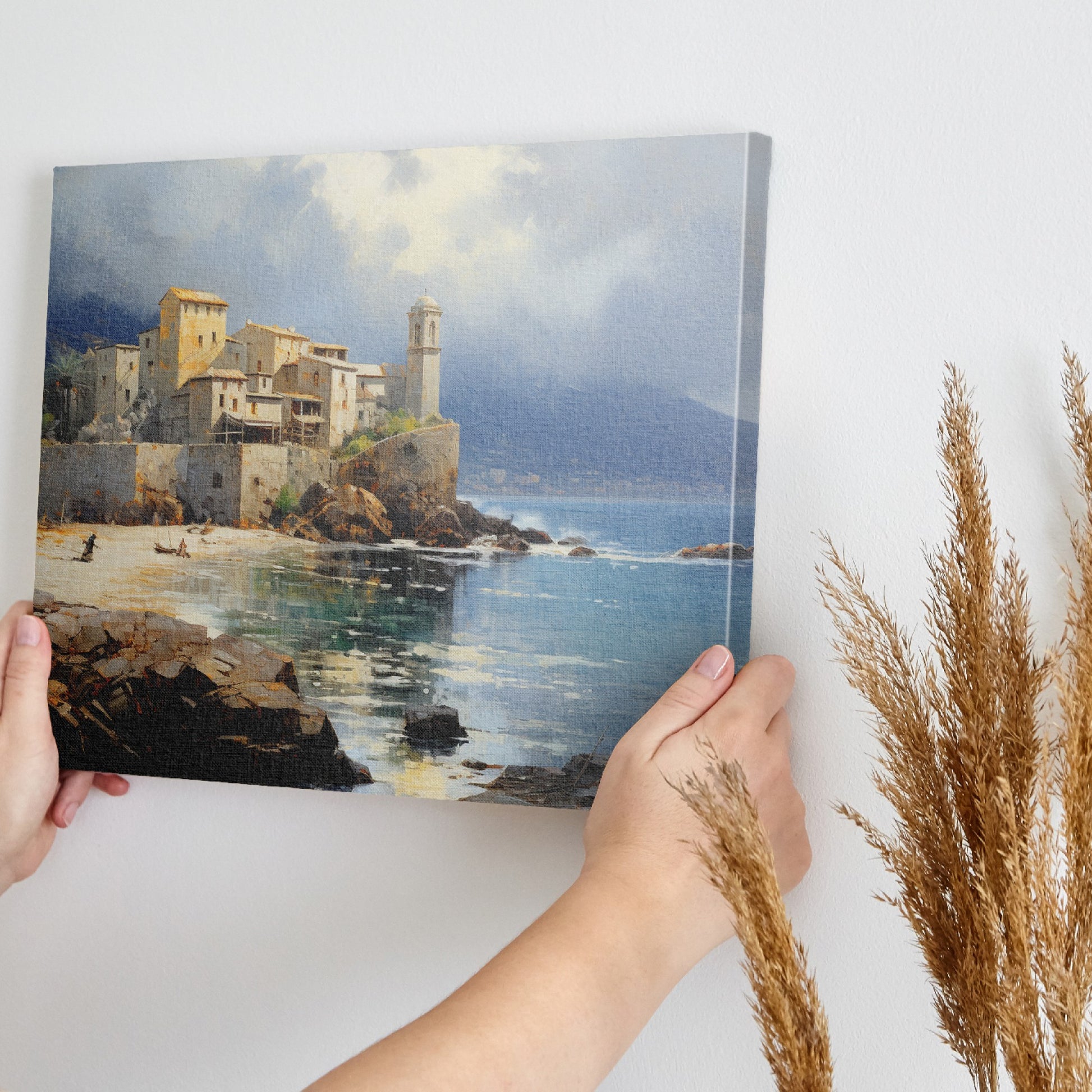 Framed canvas print of a Mediterranean coastal scene with historic buildings and calm blue waters