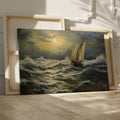 Framed canvas print of a classic maritime seascape with a sailing ship braving tumultuous ocean waves under a cloudy golden sky.